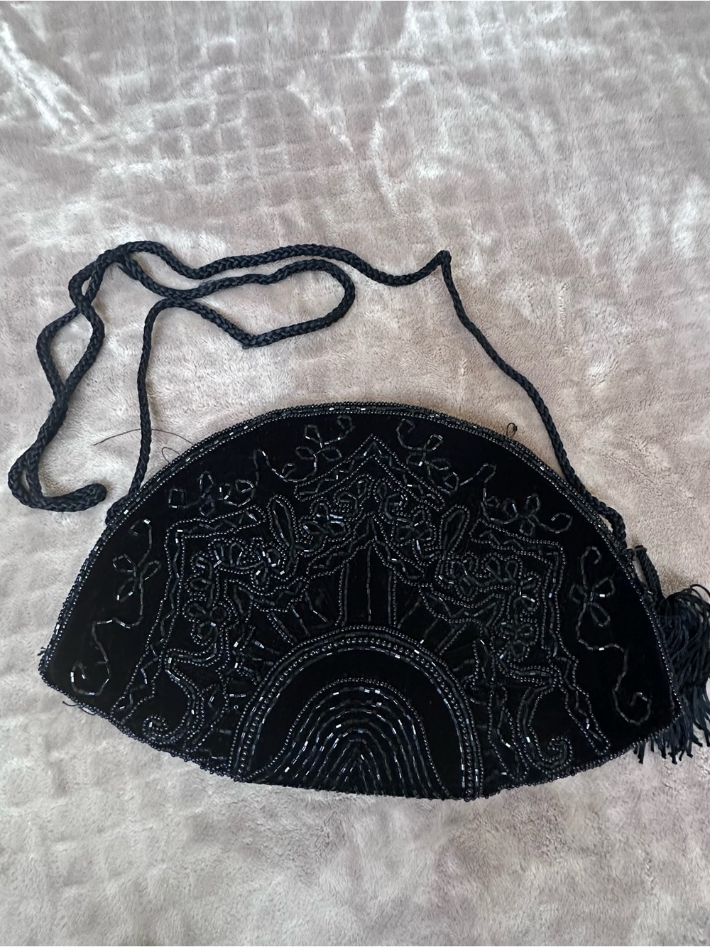 Black Beaded Crescent Shoulder Bag